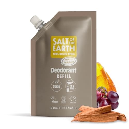 Image of Salt of the Earth - Natural Deodorant Spray Refill Pouch, x3 Uses - Amber & Sandalwood - Vegan, Long Lasting Protection, Made in the UK - 300ml