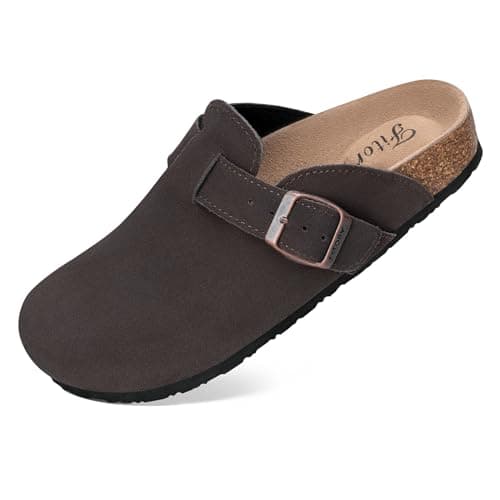 Image of FITORY Womens Clogs Slip-on Potato Shoes Leather Mules with Suede Cork Footbed Mocha Size 4