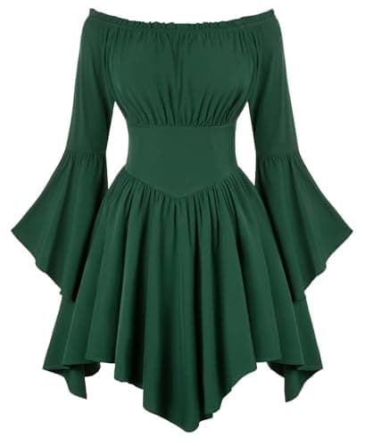 Image of SCARLET DARKNESS Medieval Renaissance Dress Women Halloween Christmas Dresses Off Shoulder Bell Sleeve Plus Size Mini Pirate Dress Dark Green XXL