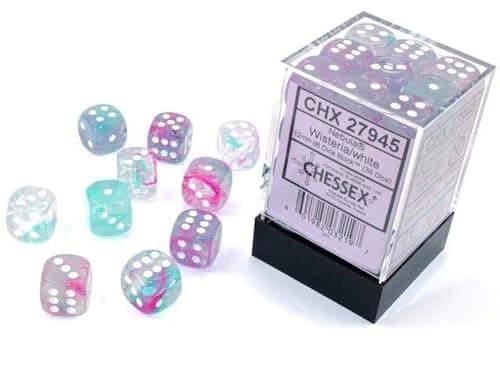 Image of Chessex Nebula 12mm d6 Wisteria/White w/Luminary Dice Block (36 dice) Blue