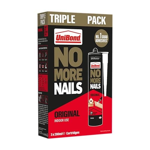 Image of UniBond No More Nails Original, Heavy-Duty Mounting Adhesive, No Nails Strong Glue for Wood, Ceramic, Metal etc., White Instant Grab Adhesive, Pack of 3 (3 x 365g Cartridges)