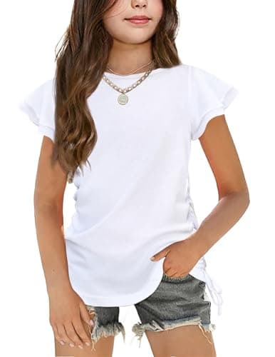 Image of Arshiner T-Shirt Girls White Summer Short Sleeve Tops Kids Wedding Top Children's Clothing with Drawstring 9-10 Years
