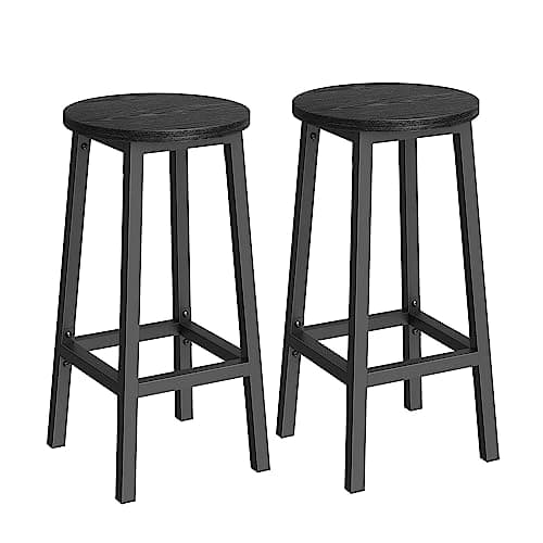 Image of VASAGLE LBC032B56 Set of 2 Bar Stools Kitchen Chairs Metal Frame Easy Assembly Height 65cm with Footrest for Kitchen, Living Room, Dining Room, Ebony Black and Classic Black