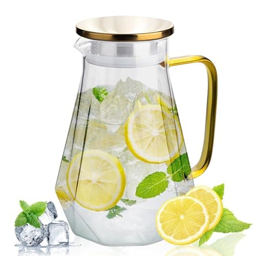 Image of Qudubuy 2L Glass Water Jug with Gold Stainless Steel Lid & Handle, Diamond-Textured Carafe, 67.6oz Pitcher Non-Drip Spout for Juice, Milk, Coffee, Tea, Hot & Cold Beverages, Fridge Safe