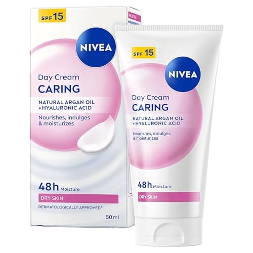 Image of NIVEA Caring Day Face Cream SPF 15 (3 x 50ml), Nourishing Moisturiser with SPF 15 and Hyaluronic Acid, 48H Hydration Face Moisturiser for Dry Skin