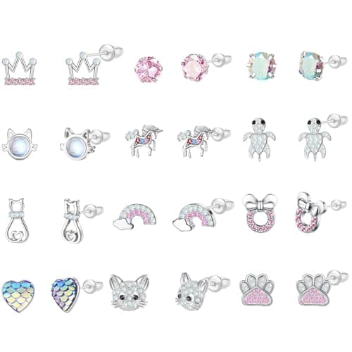 Image of JZTRADING Girls Earrings 12 Pairs Sterling Silver Earrings for Girls Women Silver Small Studs Earrings Set Kids Teenage Girl Cubic Zirconia Hypoallergenic Studs Set (12pairs)