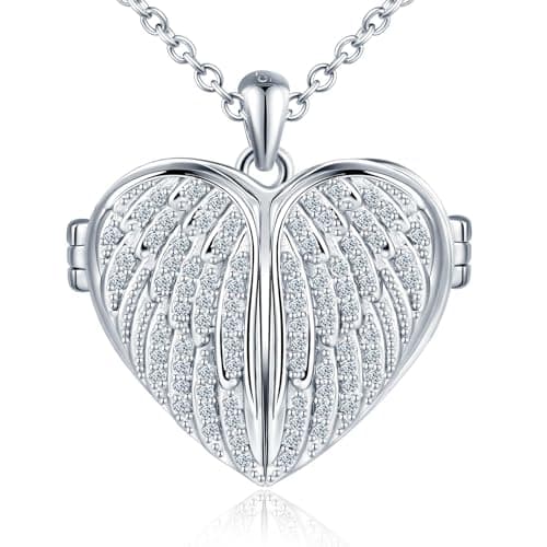 Image of MICSAVI Cubic Zirconia Angel Wing Heart Locket Necklace 925 Sterling Silver, Wings Pendant with Magnet Open for Picture Personalised Photo Locket Necklaces for Women
