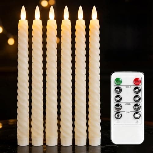 Image of 6 Pack LED Taper Candles,Flameless Electric Candlesticks with Remote Control and Timer,3D Wick LED Candles Flickering,Artificial Fake Candles for Home Wedding Table Decor (2.1*25.5 cm,Ivory Spiral)
