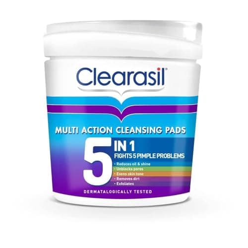 Image of Clearasil 5-in-1 Ultra Cleansing Salicylic Acid Pads, Face Exfoliating for Acne Prone Skin, Unblock Pores, Reduces Blackheads, Pimples & Excess Oil, Everyday Spot Prevention, Pack of 65