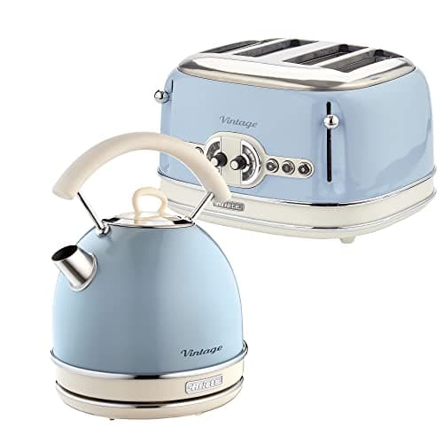 Image of Ariete ARPK41 Retro Style Dome Kettle and 4 Slice Toaster Set, Vintage Design, Blue, Stainless Steel