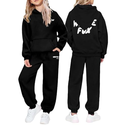 Image of NSICBMNO Kids Tracksuit Girls 2 Piece Outfits Tracksuit Kids Full Set Oversized Hoodie Long Sleeve Sweatshirt Baggy Sweatpants Jogging Bottoms Girls Gym Set Activewear 7-8 Years, Black