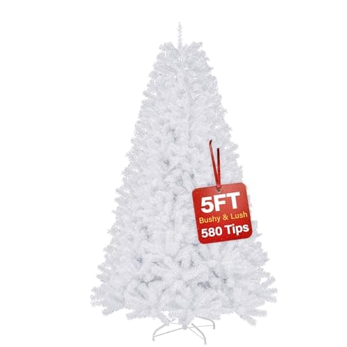 Image of 5ft White Artificial Christmas Tree – Premium Bushy Xmas Tree with 580 Branch Tips, Full Dense Fake Silver Pine Tree Easy to Assemble, Indoor Holiday Decoration with Metal Stand