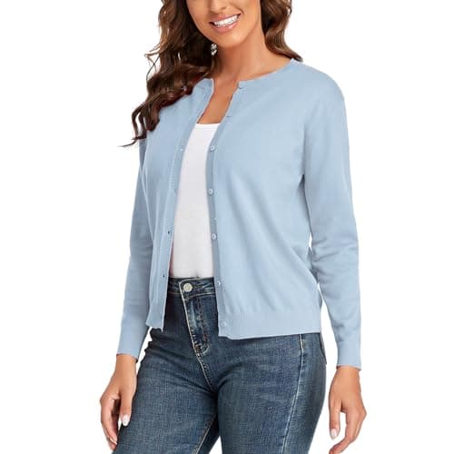 Image of CUNYI Women’s Cardigan Long Sleeve Sweater Lightweight Classic Crew Neck Ladies Coat with Buttons Casual Open Front Elegant Outerwear, Blue M