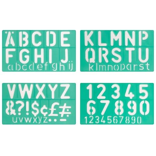 Image of Linex 50mm Letter & Number Stencil Set – Pack of 4 Large Alphabet Templates with Upper & Lower Case, Numbers & Symbols, Transparent Green Plastic