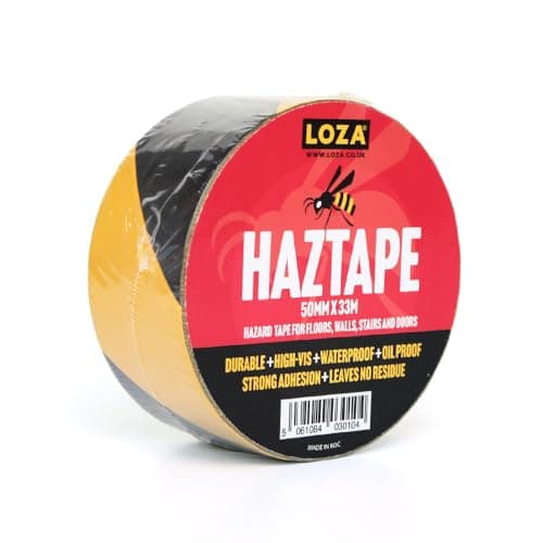 Image of Loza HAZTAPE Yellow & Black Hazard Tape Single Roll 50mm x 33m Tough Floor Marking Tape No Residue Water/Oil Proof Safety Tape Hi-Vis Warning Tape for Demarcation Zones