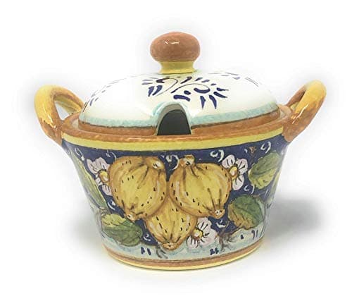 Image of CERAMICHE D'ARTE PARRINI - Italian ceramics artistic, sugar bowl cheese decorated three lemons, hand painted made in ITALY Tuscan