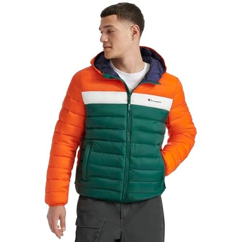 Image of Champion Men's Performance Lightweight Puffer Jacket with Hood, Orange Combo, XL