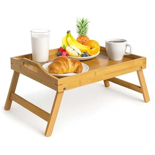 Image of Unibos Bamboo Bed Table with Foldable Legs – Breakfast Tray for Bed, Laptop Lap Desk for Sofa, Multipurpose Snack & Serving Tray, Portable Wooden Bed Desk
