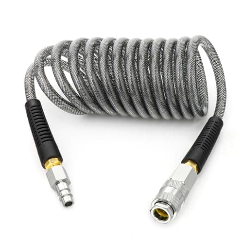 Image of TAILONZ PNEUMATIC 1/4" x 3M Black Reinforced Polyurethane Recoil Air Hose with Bend Restrictor, 1/4" Industrial Quick Coupler and Plug