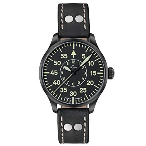 Image of Laco Aviator Watch Basis Bielefeld Women's and Men's Watch, Black Leather Strap, Sapphire Glass, Diameter 39 mm, Miyota 821 A Automatic, Includes Case - 861992, Strap