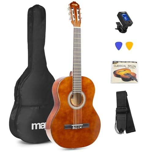 Image of Max SoloArt Beginner Acoustic Guitar Starter Kit - Dark Natural Wood with Accessories & 6 Months Lessons Included - Ideal Starter Instrument for Adults & Kids