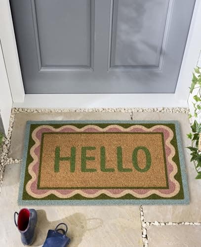 Image of Coir Door Mat for Doorway, Home Entry, Balcony, Garden, Dirt Trapper Entrance Indoor Outdoor Non-Slip Absorbent Welcome Mat Natural Doormat in 45 x 75 cm (Hello Scallop)