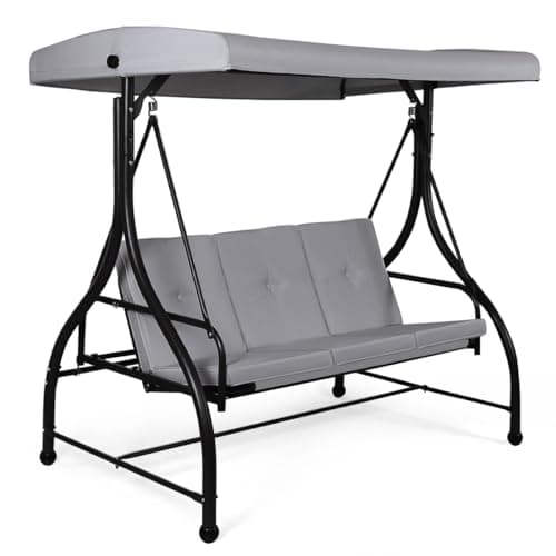 Image of RELAX4LIFE 3 Seater Swing Chair, Garden Swing Seat Chair with Adjustable Canopy and Cushions, Outdoor Patio Hammock Convertible Bench for Balcony Backyard Poolside (Grey)