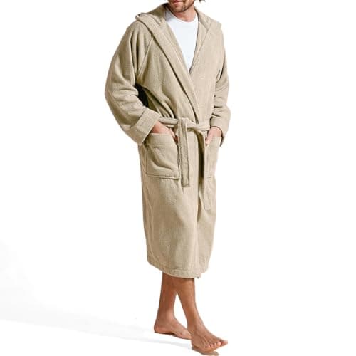 Image of Christy Brixton Hooded Bath Robe | Stylish Textured Weave | Durable Tactile Design | Sustainably Manufactured | Men's Bathrobe | 100% Cotton Dressing Gown | Size Medium | Pebble Colour