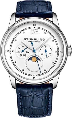 Image of Stuhrling Original Mens MoonPhase Dress Watch - Stainless Steel Case and Leather Band - Analog Dial with Day of The Week and Date Celestia Mens Watches Collection (White)