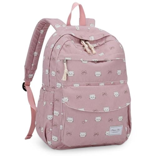 Image of Chase Chic Corduroy Backpack for Teen Girls, Cute Aesthetic Plush Bookbag Casual Rucksack Daypack for School Kids Pink Cat