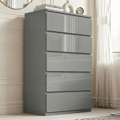 Image of Blisswood High Gloss Chest of Drawers, 5 Drawer Bedroom Chest of Drawers, Chest of Draws Tall Dresser Bedside Table Storage Cabinet for Bedroom Living Room Office Hallway Furniture, Grey