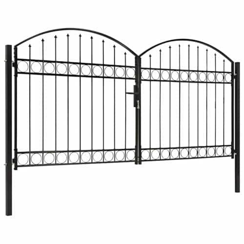 Image of vidaXL Fence Gate Double Door with Arched Top Outdoor Garden Patio Yard Lockable Durable Stable Entryway Fencing Barrier Door Steel 300x150cm Black