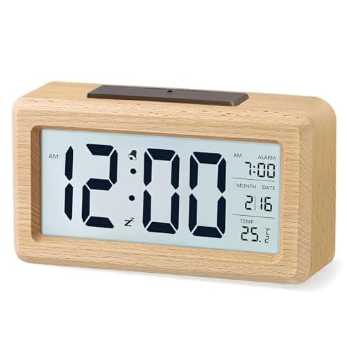 Image of aboveClock Digital Alarm Clock, Wooden Bedside Clock with Large LCD Backlit Display, Temperature, Snooze Function, Brightness Sensor, 3 AAA Battery Operated【Battery NOT Included】