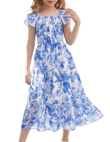 Image of GRACE KARIN Girls Summer Floral Dresses, A-Line Flutter Sleeves Smocked Party Dress, Birthday Wedding Flower Dresses for Kids Blue Foliage 6-7 Years