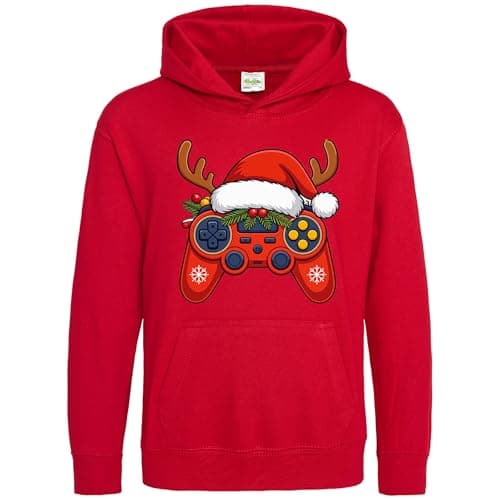 Image of Purple Print House Christmas Gaming Hoodie for Kids - Game Controller Design for Son or Daughter - Festive Reindeer Antlers Xmas Hooded Top - Boys Girls Gamer Gift, 9-11 Years, Red