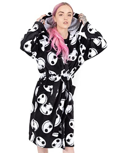 Image of Disney The Nightmare Before Christmas Dressing Gown For Women | Adults Jack Skellington Pocket Black Bathrobe | Tim Burton Movie Pjs Robe XL