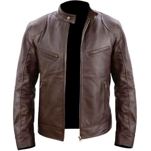 Image of Rising Bloom Men's Real Leather Jacket Biker Motorcycle Cafe Racer Vintage Retro Bomber Winter Black Genuine Leather Jacket (as8, alpha, x_s, regular, regular, Brown)
