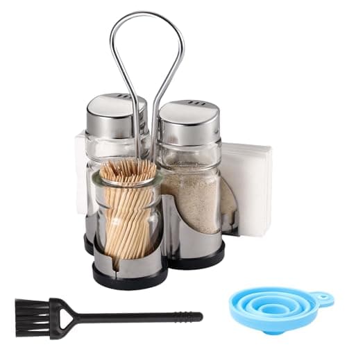 Image of WRENYZK 4-in-1 Salt and Pepper Shakers Set with stainless Holder Toothpick Box and Napkin Holder, Cruet Set of Modern and Functional with Cleaning Brush Funnel,Salt Pepper Pots for Household