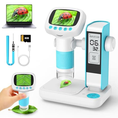 Image of 2 in 1 Microscope for Kids & Alarm Clock, 1000X Handheld Kids Microscope with 2" IPS Screen, 8GB TF Card, Portable Pocket Microscopes for Photo/Vedio, Toys for 3-12 Year Old Boys Girls (Blue-white)
