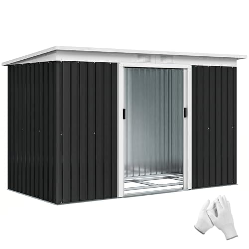 Image of Outsunny 9ft x 4ft Metal Garden Shed, Waterproof Outdoor Bike Storage Shed Galvanised with Foundation Kit, Vents, Apex Roof and Lockable Double Doors for Patio Yard, Dark Grey