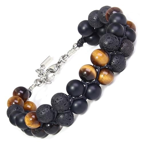Image of Mens Triple Protection Beads Bracelet, Genuine Premium Tiger Eye Black Onyx Lava Double Mens Beaded Bracelet Healing Crystals with Durable Beaded Wire Mens Jewelry Gifts for Him Christmas Father