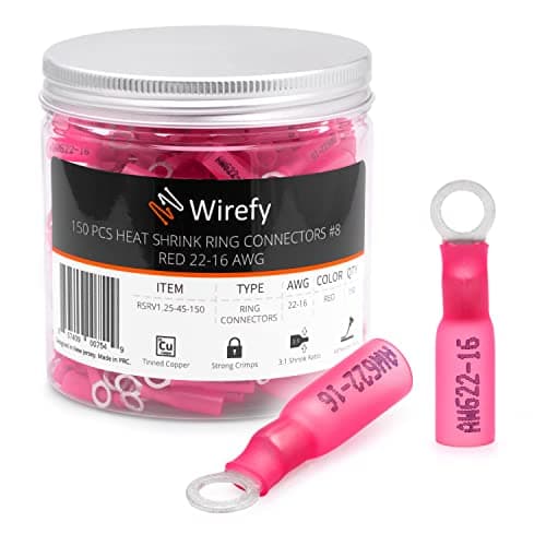 Image of Wirefy Heat Shrink Ring Terminals #8 - Marine Grade Terminal Connectors - Waterproof Eyelet Wire Connectors - Red 22-16 AWG - 150 PCS