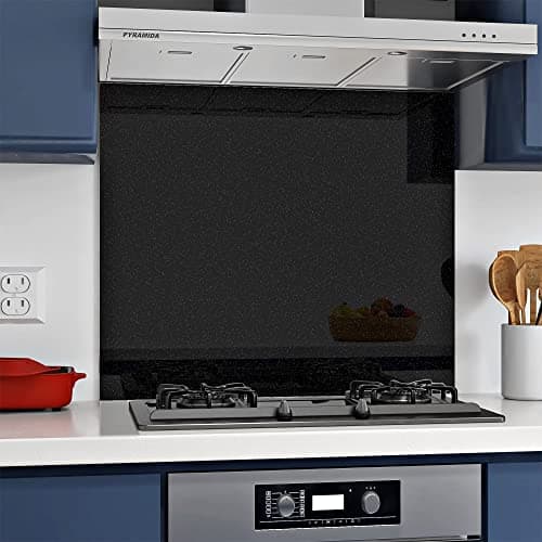 Image of BELOFAY 70x90cm Black Sparkles 6mm Tempered Glass Splashback for Kitchen, 6mm Toughened Glass Heat Resistant Splashbacks for Cookers