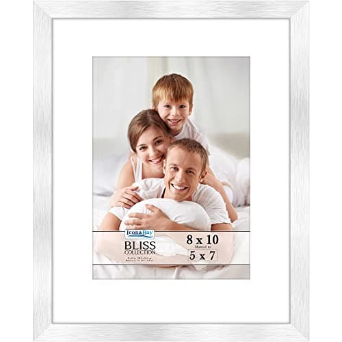 Image of Icona Bay - 10x8 Silver Picture Frame with Removable Mat for 5x7 Photo - Modern Style Engineered Wood Frame - Table Top or Wall Mount - Bliss Collection