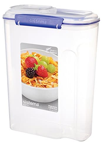 Image of Sistema KLIP IT Cereal Container, Large 4.2L, Clear with Blue Clips, Airtight Storage with Lid, Plastic, BPA Free, Dishwasher, Microwave and Freezer Safe
