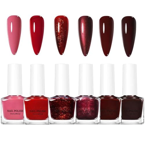Image of Red Nail Polish Set - 6 Colours Red Nail Varnish Ari Quick Dry - Dark Pink Burgundy Re-d Glitter Nail Polish - High Glossy Water Based Christmas Nail Varnish Gift Set For Women Manicure DIY