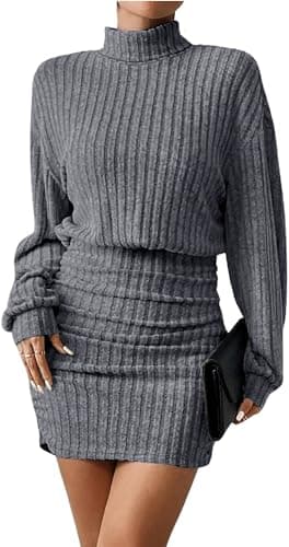 Image of TrendiMax Women's Long Sleeve Jumper Dress Mock Turtel Neck Ribbed Knit Bodycon Mini Short Sweater Dress Gray