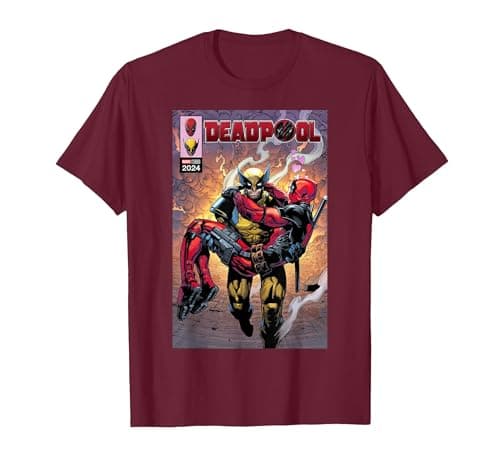 Image of Marvel Deadpool & Wolverine Logan Carrying Wade Comic Cover T-Shirt, Men, Burgundy, XX-Large