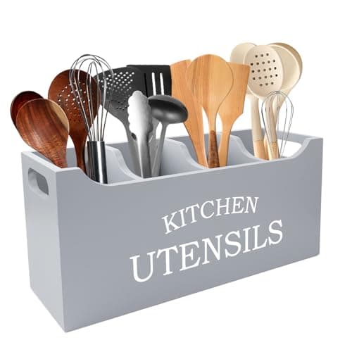 Image of Karisky Utensil Holder for Kitchen Counter, Wood Extra Large 4 Compartments Kitchen Utensil Holder with Drainage Bottom for Countertop, Farmhouse Cooking Tools Organizer for Spatula, Grey