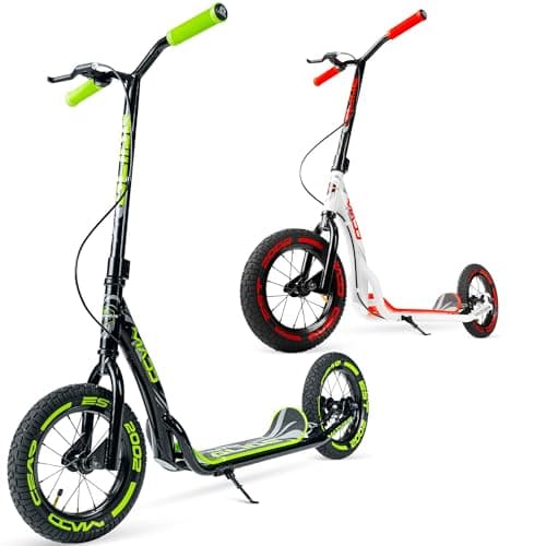 Image of Large Kick Scooter for Adults, Teens & Kids 8-12 with Kickstand – 12" Air-Filled Tires, Wide Deck, Lightweight Steel Frame – Madd Gear Metro Glide 300 (Black/Green)